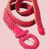 Woven Faux Leather Belt Fuchsia-Round Buckle