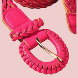 Woven Faux Leather Belt Fuchsia-Round Buckle