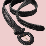 Woven Faux Leather Belt Black-Round Buckle