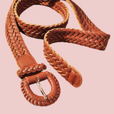 Woven Faux Leather Belt Camel-Round Buckle