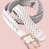 Woven Faux Leather Belt White-Rectangle Buckle