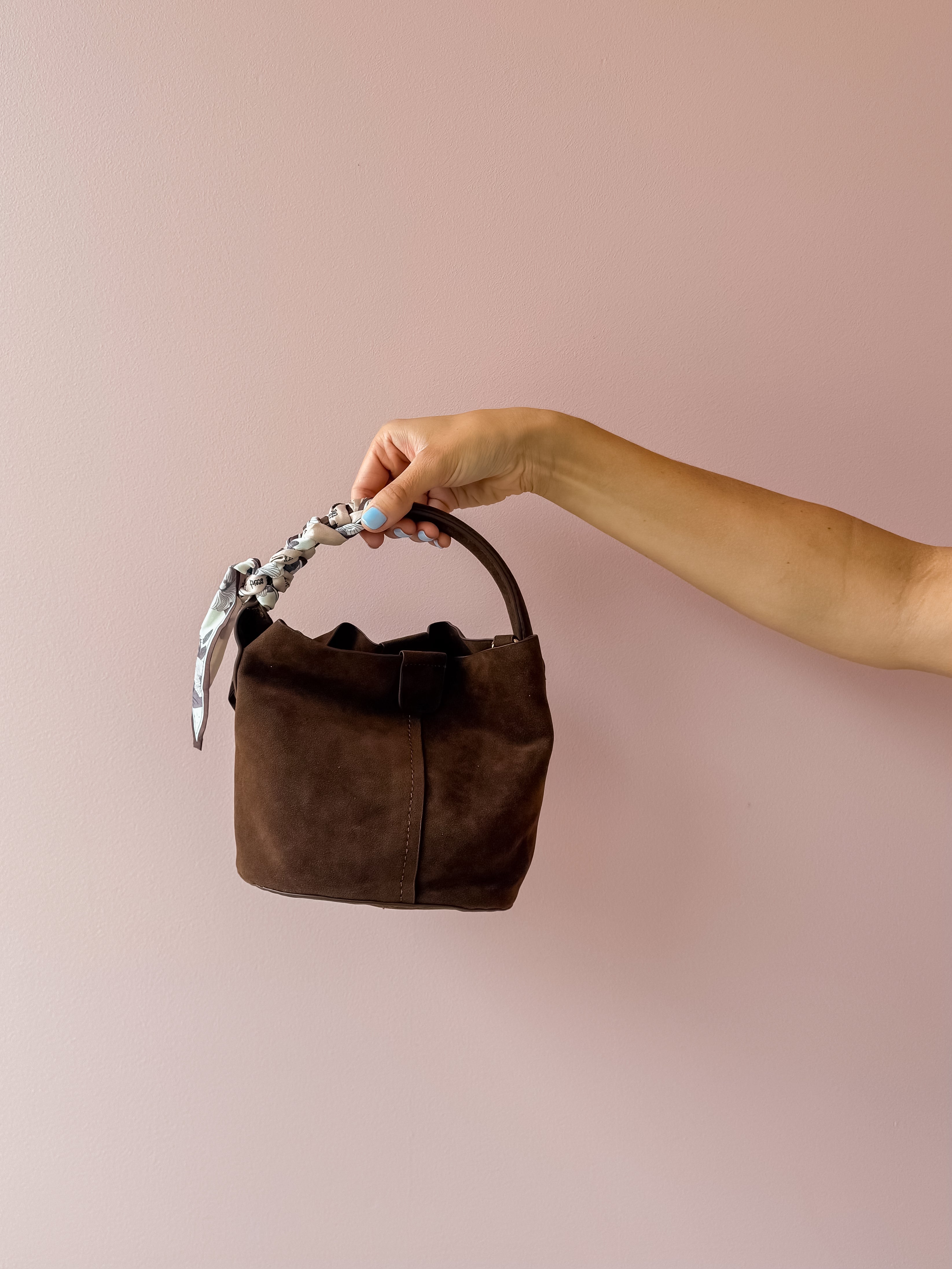 Let's Go Chocolate Mini Suede Bucket Bag