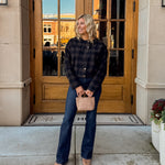 Zoe & Claire Darcy Plaid Jacket in black and brown plaid, front view.
