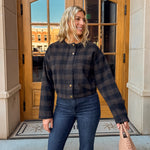 Zoe & Claire Darcy Plaid Jacket in black and brown plaid, front view.