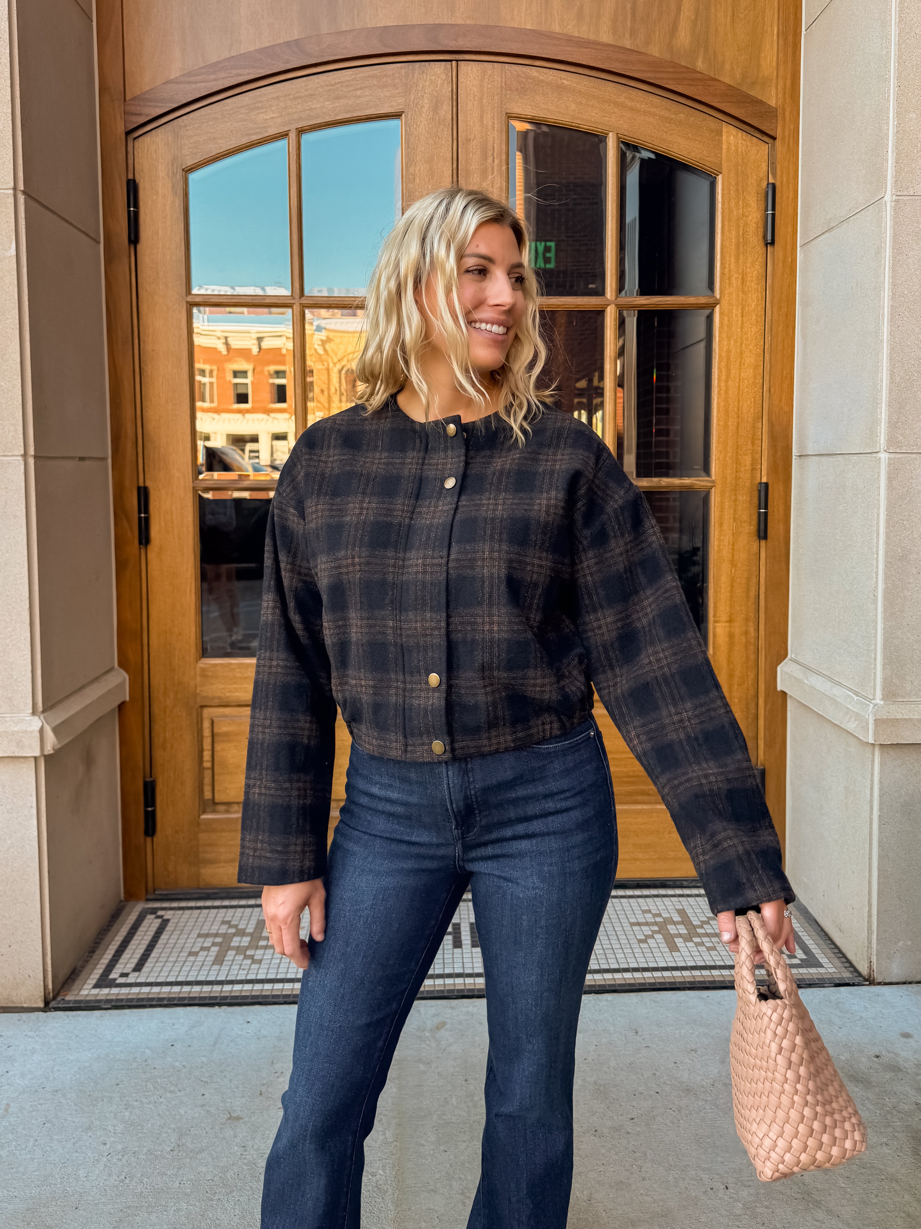 Zoe & Claire Darcy Plaid Jacket in black and brown plaid, front view.