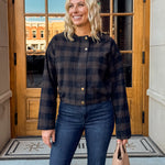 Zoe & Claire Darcy Plaid Jacket in black and brown plaid, front view.