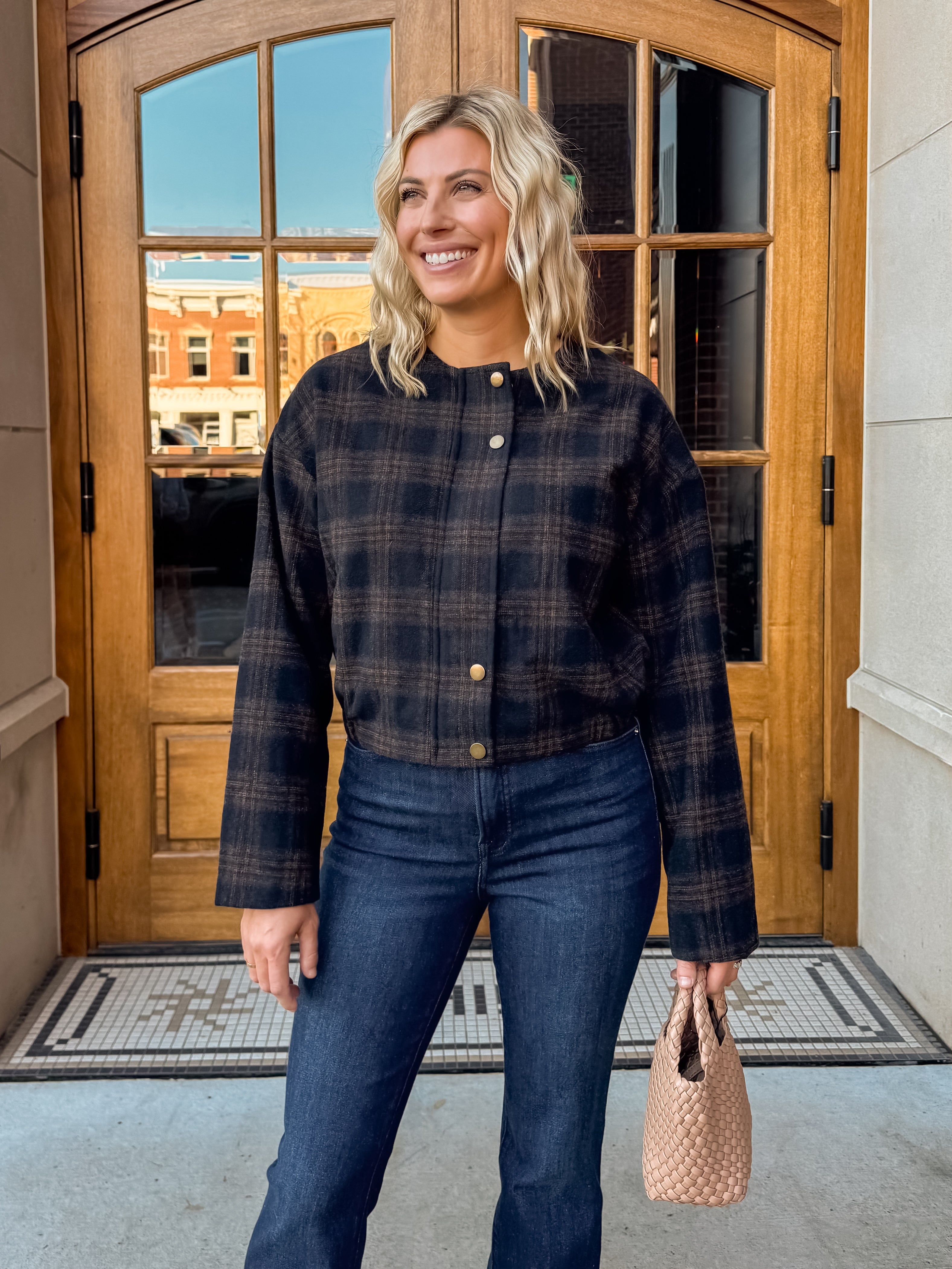 Zoe & Claire Darcy Plaid Jacket in black and brown plaid, front view.