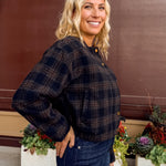 Zoe & Claire Darcy Plaid Jacket in black and brown plaid, three-quarter view.