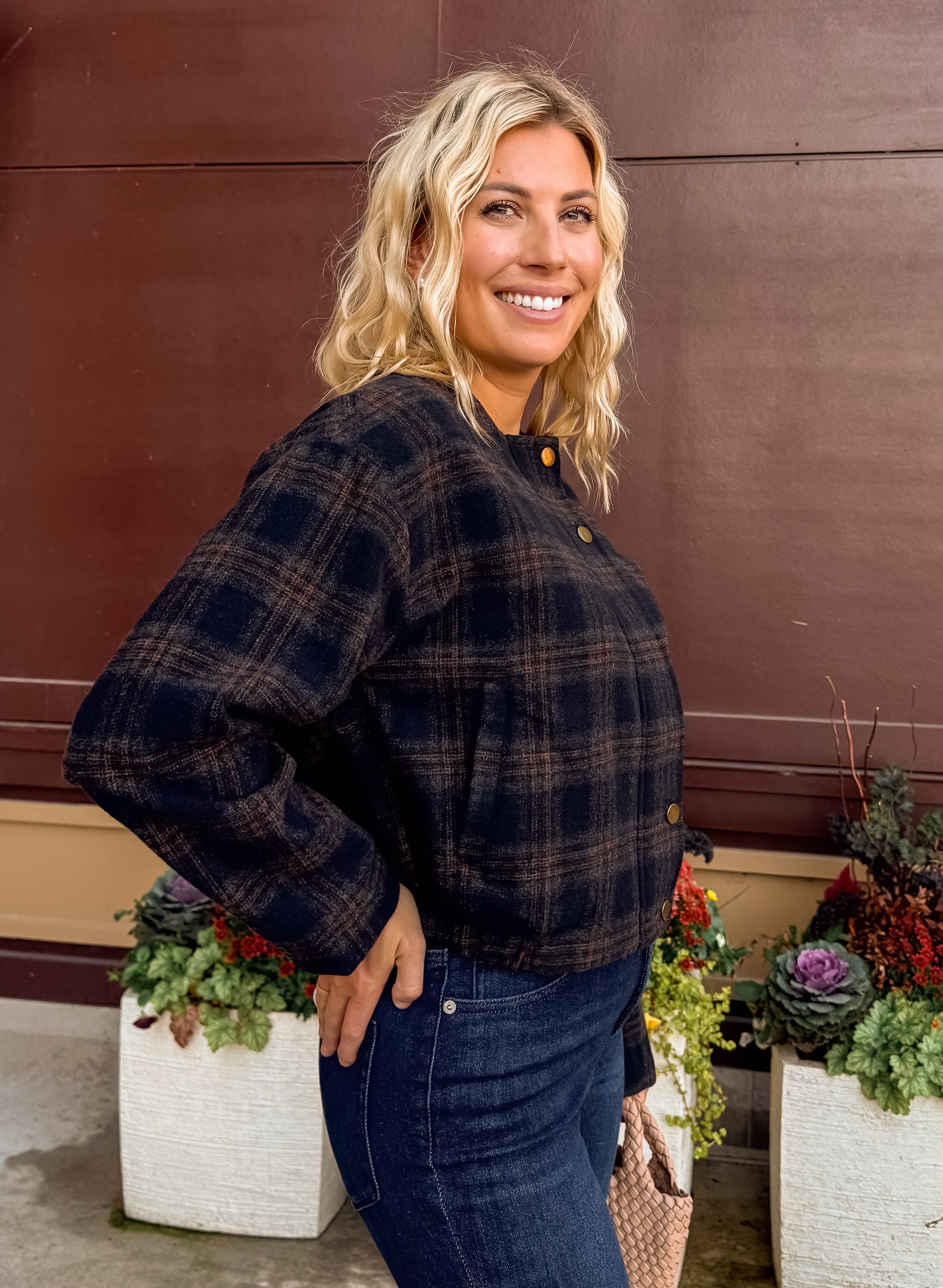 Zoe & Claire Darcy Plaid Jacket in black and brown plaid, three-quarter view.