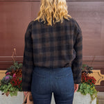Zoe & Claire Darcy Plaid Jacket in black and brown plaid, back view.