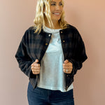 Zoe & Claire Darcy Plaid Jacket in black and brown plaid, front view, worn open.