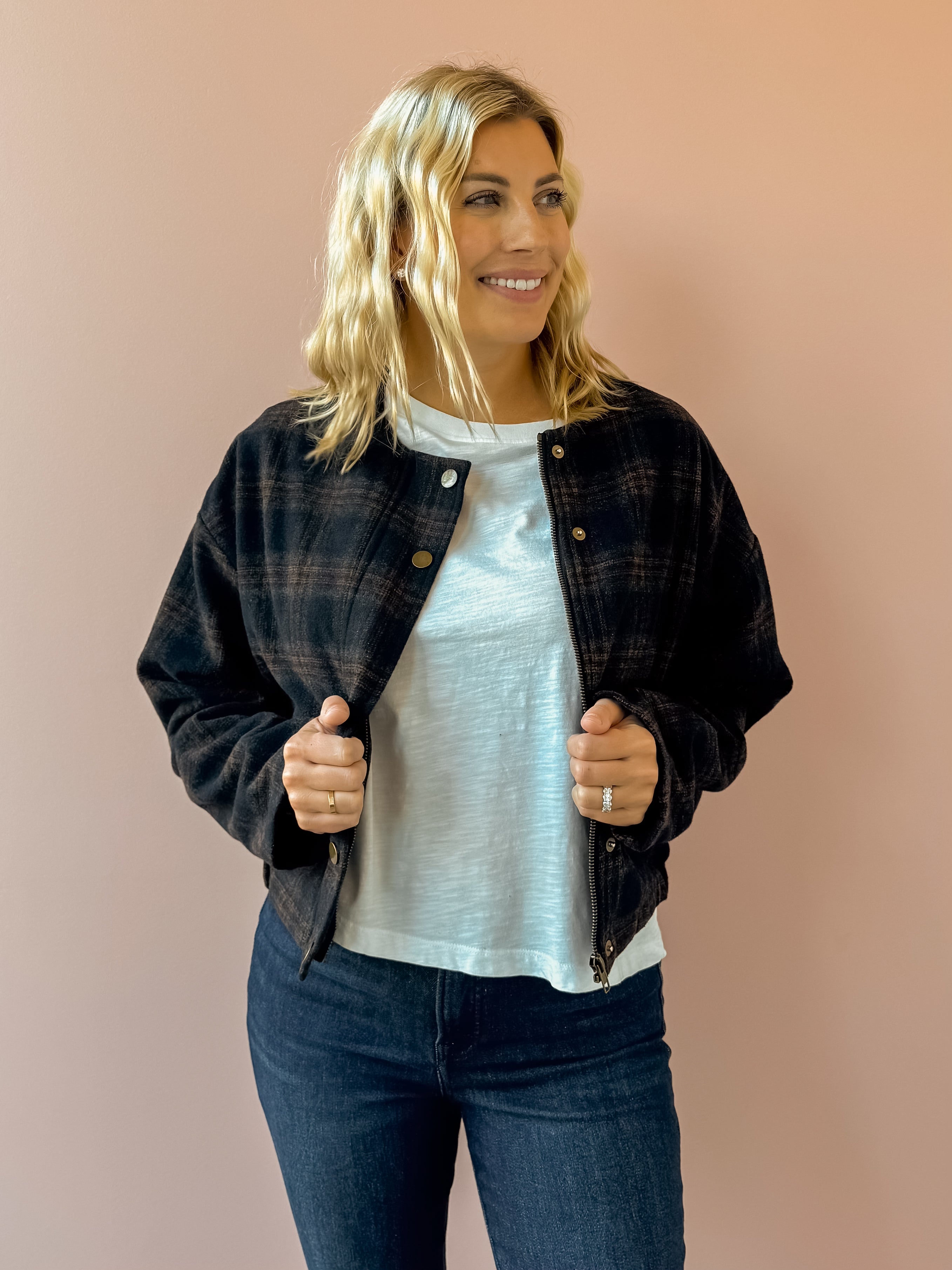 Zoe & Claire Darcy Plaid Jacket in black and brown plaid, front view, worn open.