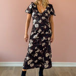 Heartloom Vivan Midi Dress in black floral, front view.
