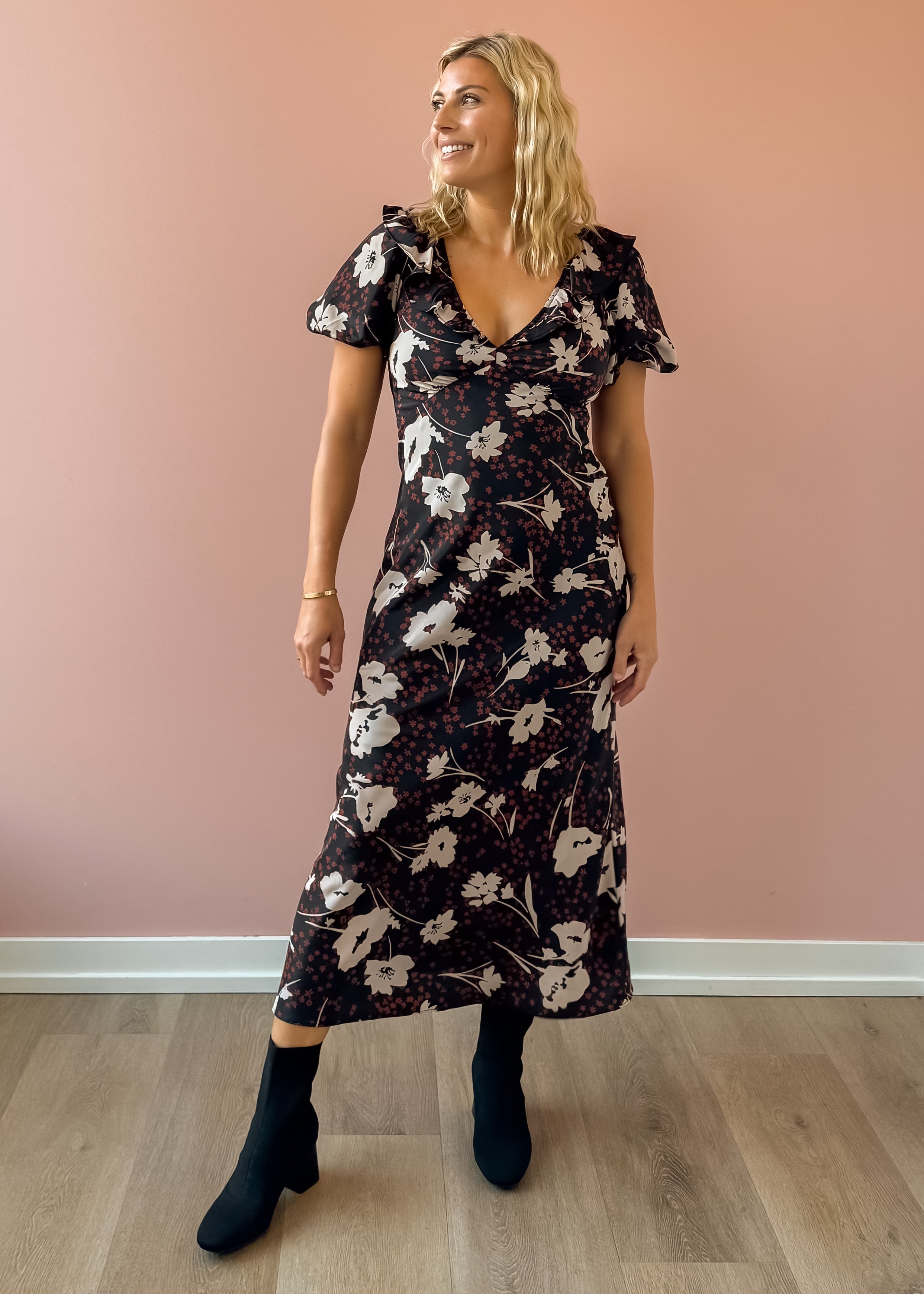 Heartloom Vivan Midi Dress in black floral, front view.