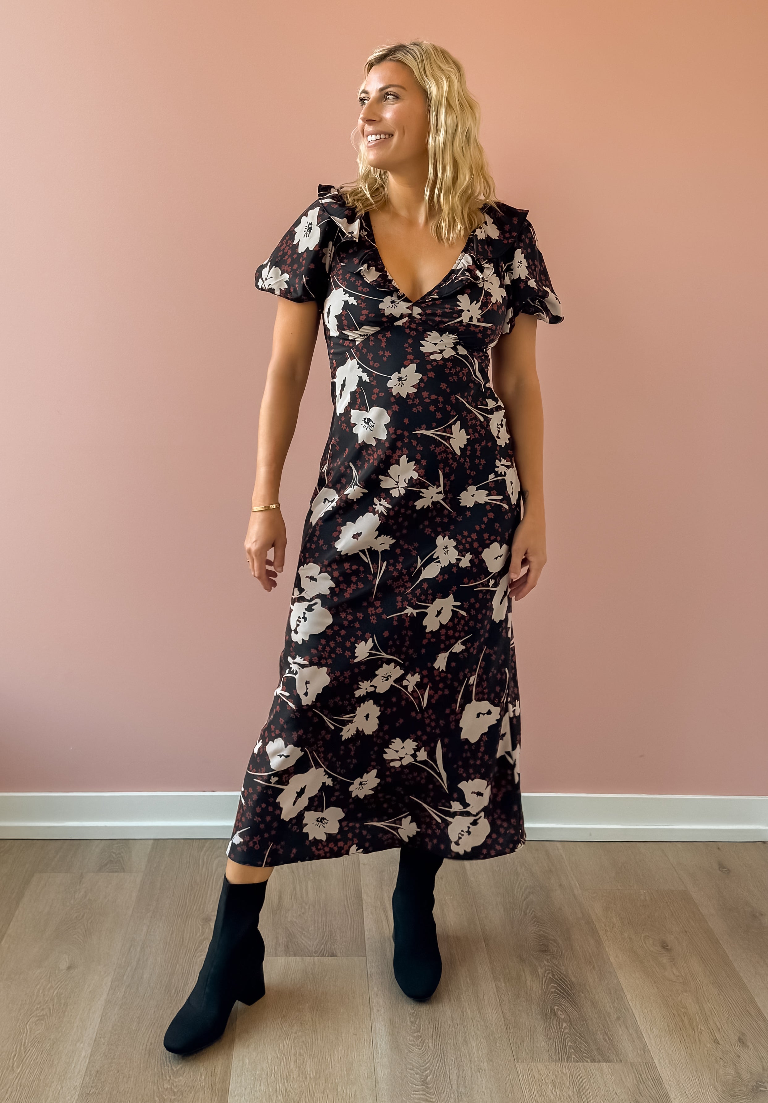 Heartloom Vivan Midi Dress in black floral, front view.