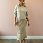 Zoe & Claire Naomi Dress Set in oatmeal, front view.