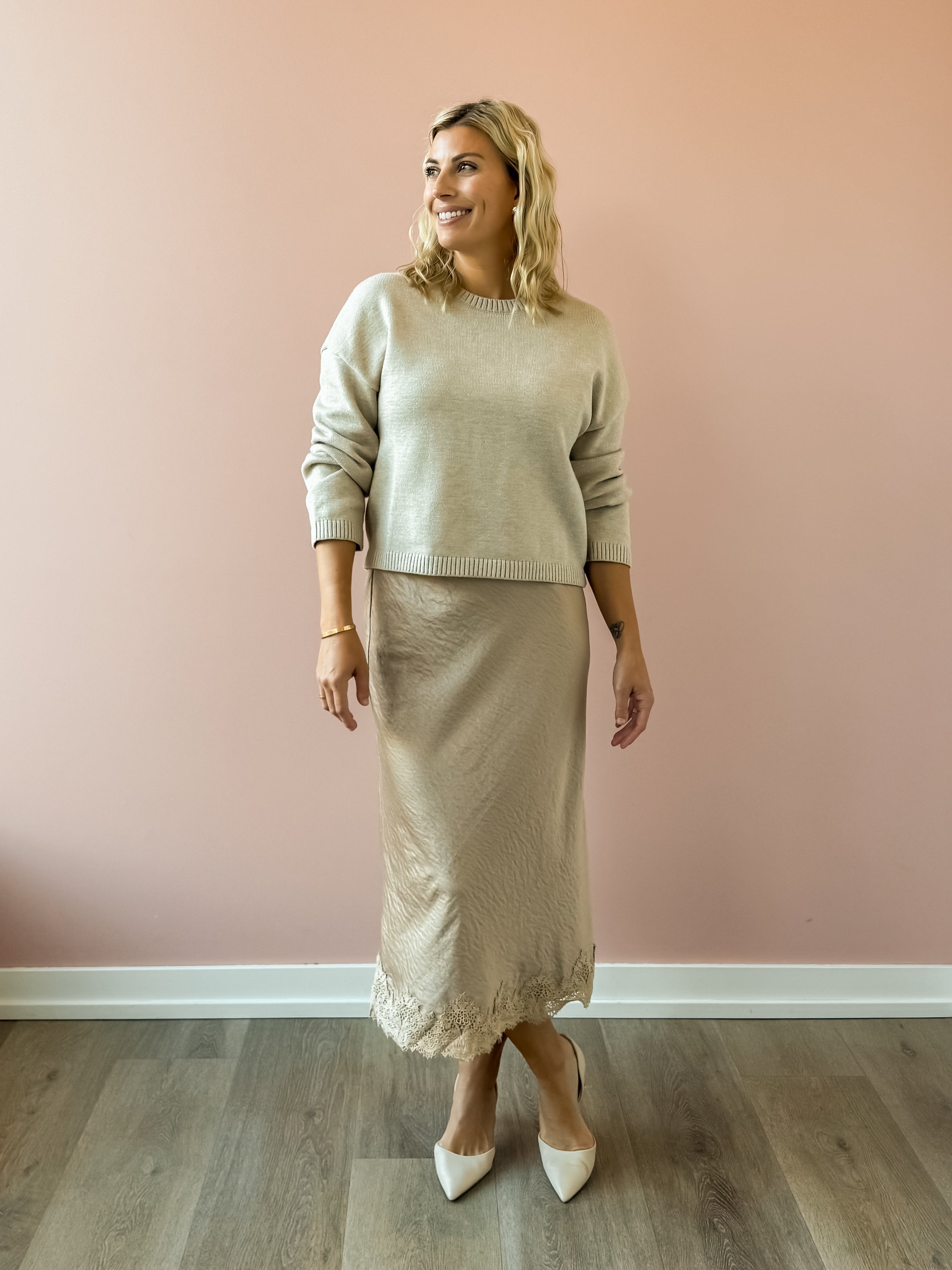Zoe & Claire Naomi Dress Set in oatmeal, front view.
