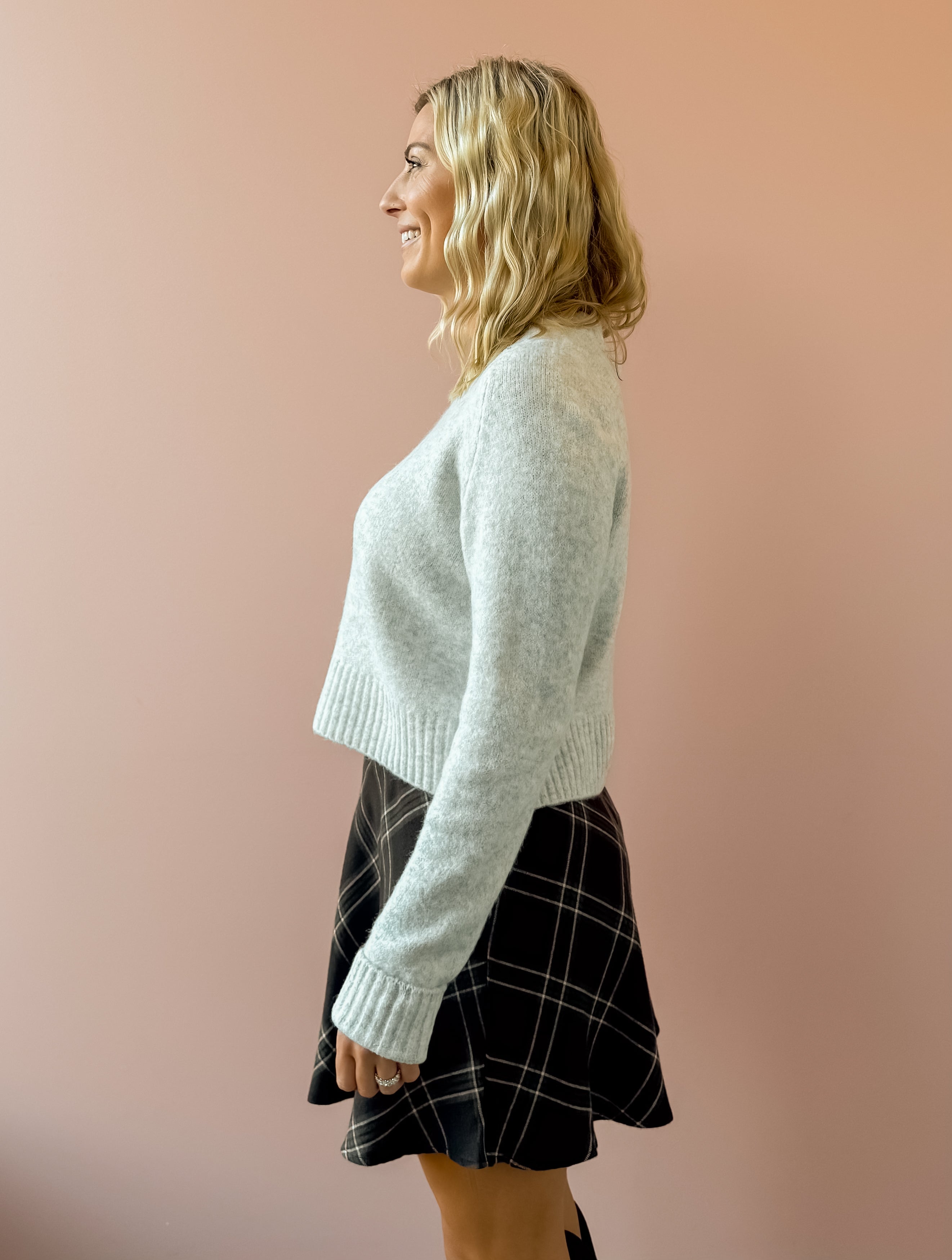 Z Supply Bellissimo Plaid Mini Skirt in brown plaid, side view.