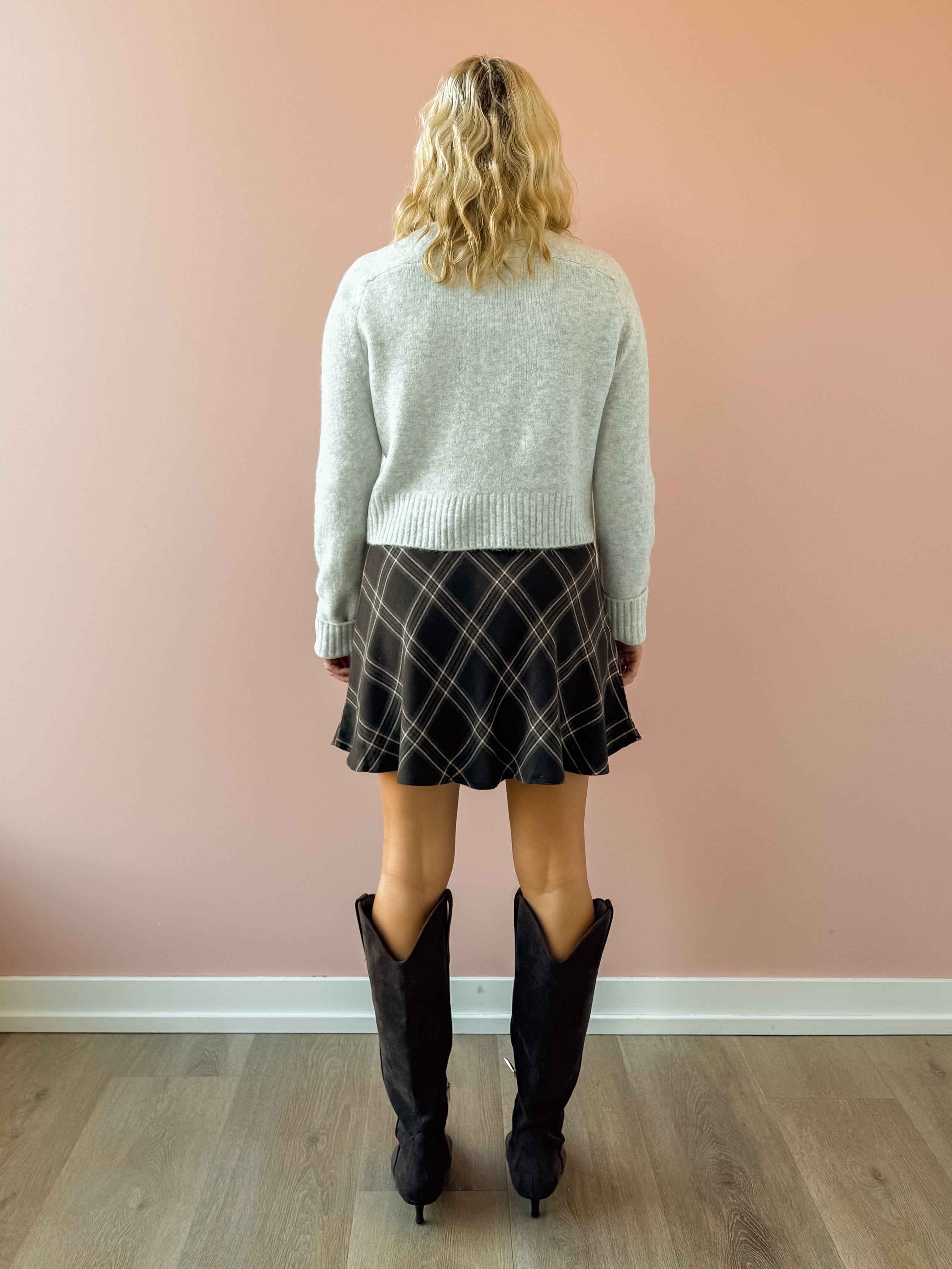 Z Supply Bellissimo Plaid Mini Skirt in brown plaid, back view.