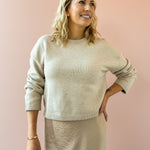 Zoe & Claire Naomi Dress Set in oatmeal, close-up front view.