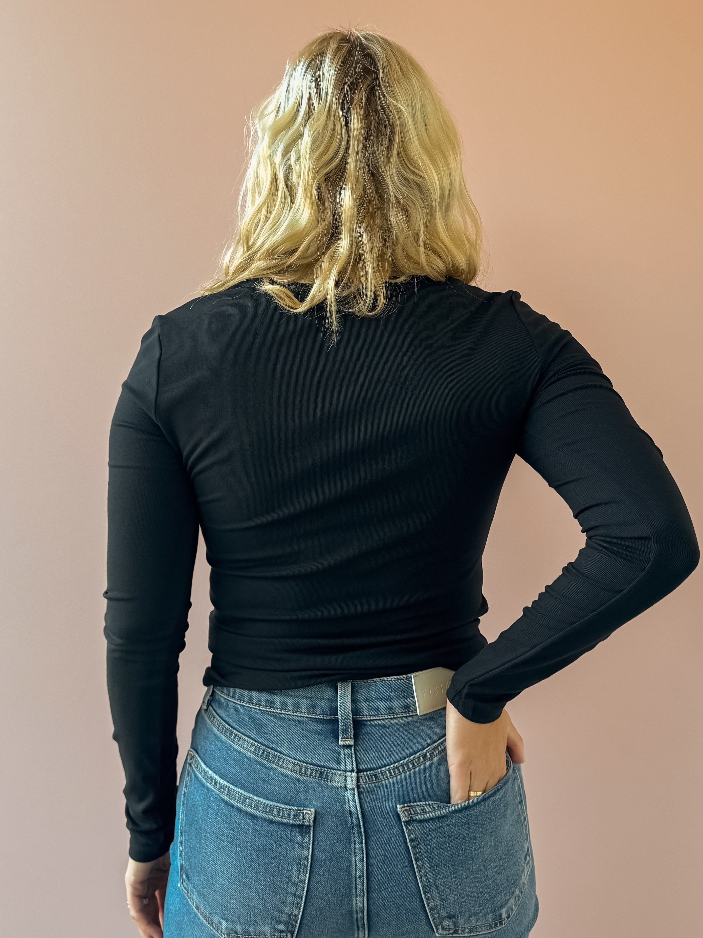 Z Supply Second Skin Black Long Sleeve in black, close-up back view.