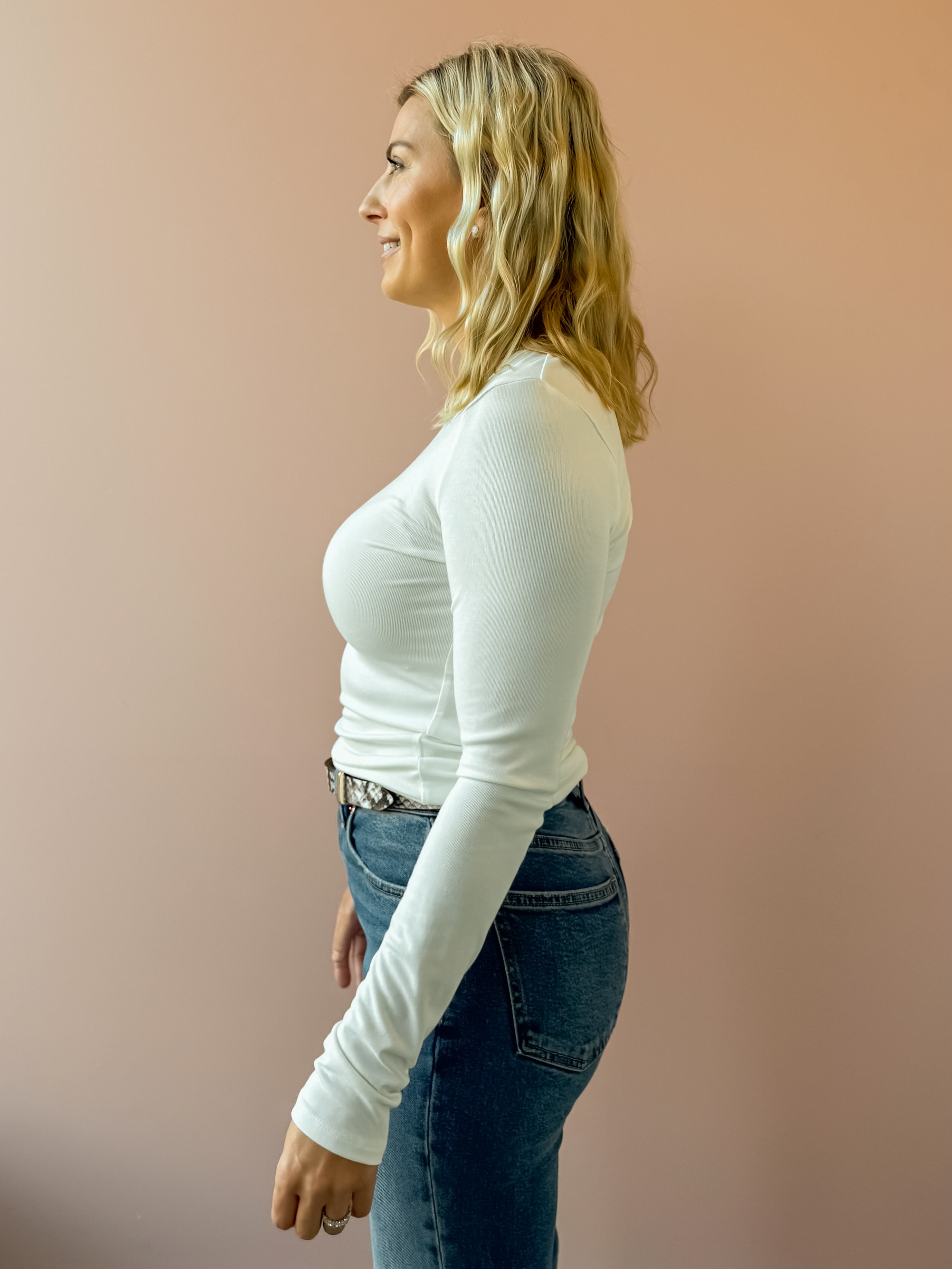 Z Supply Second Skin White Long Sleeve in cream, side view.