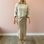 Zoe & Claire Naomi Dress Set in oatmeal, front view.