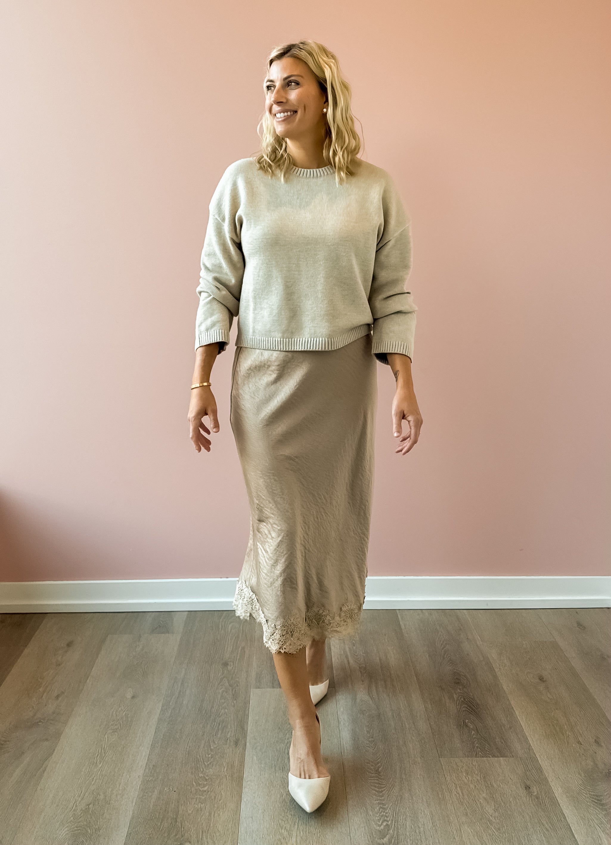Zoe & Claire Naomi Dress Set in oatmeal, front view.