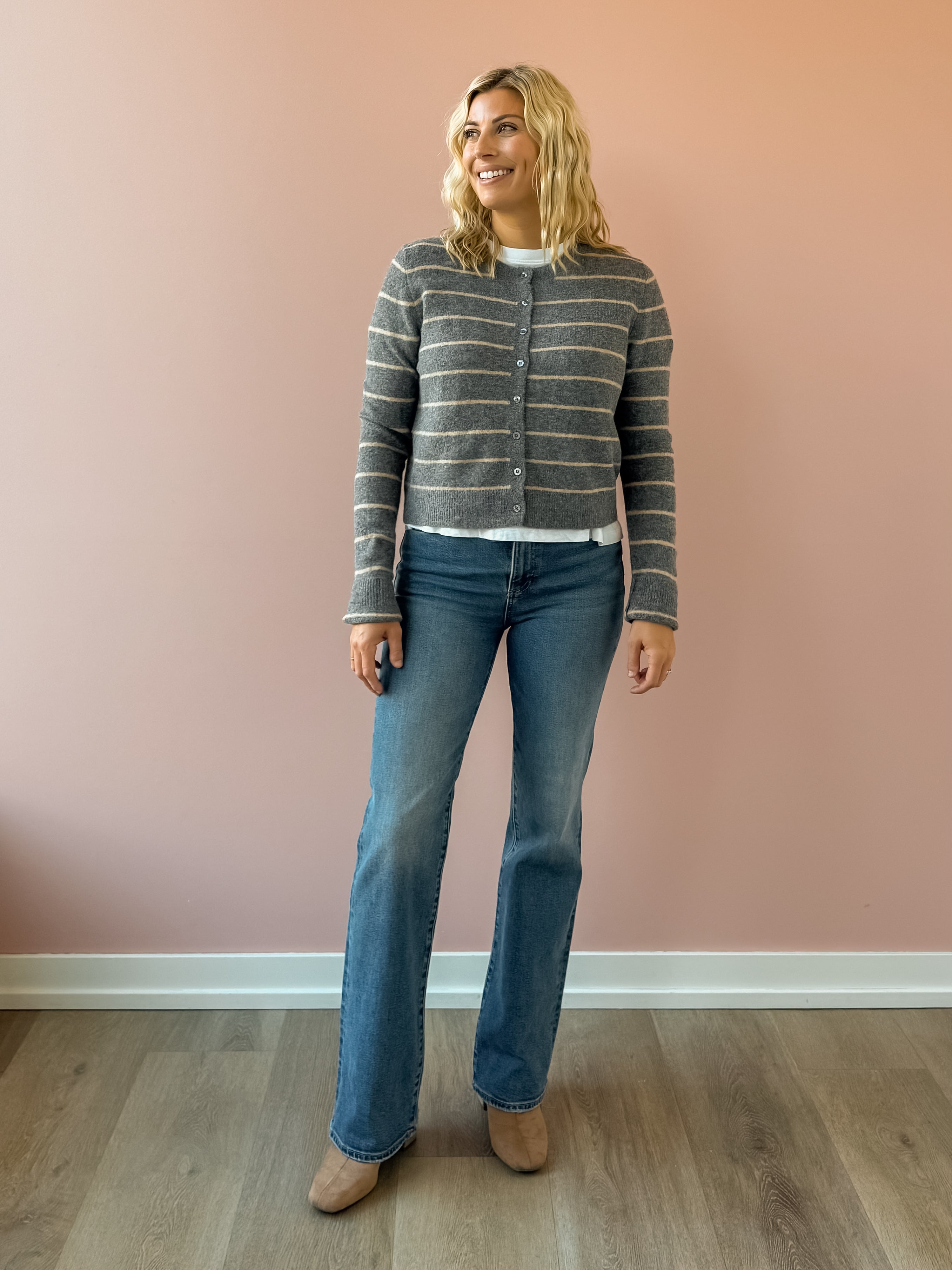 Z Supply Medina Stripe Cardigan in grey with beige stripes, front view.