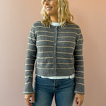 Z Supply Medina Stripe Cardigan in grey with beige stripes, close-up front view.