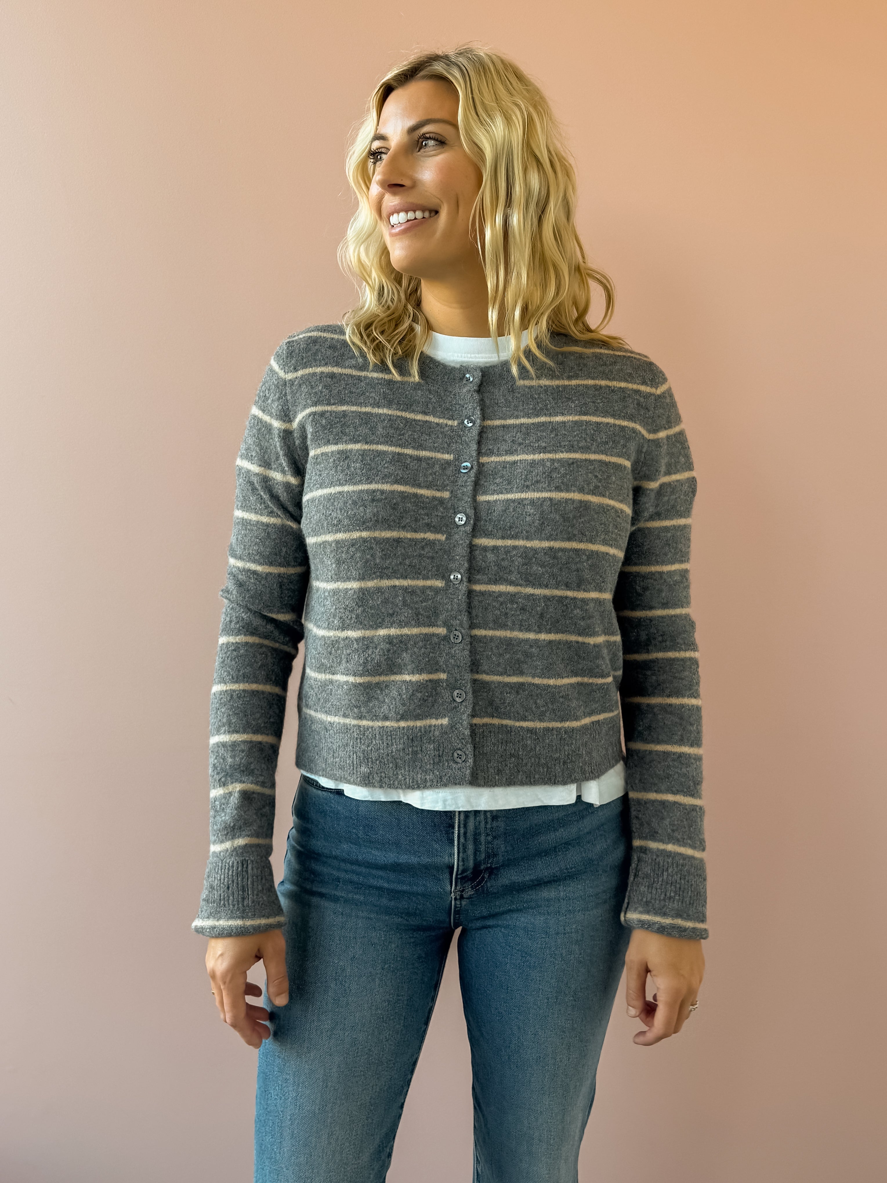 Z Supply Medina Stripe Cardigan in grey with beige stripes, close-up front view.