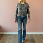 Z Supply Medina Stripe Cardigan in grey with beige stripes, front view.