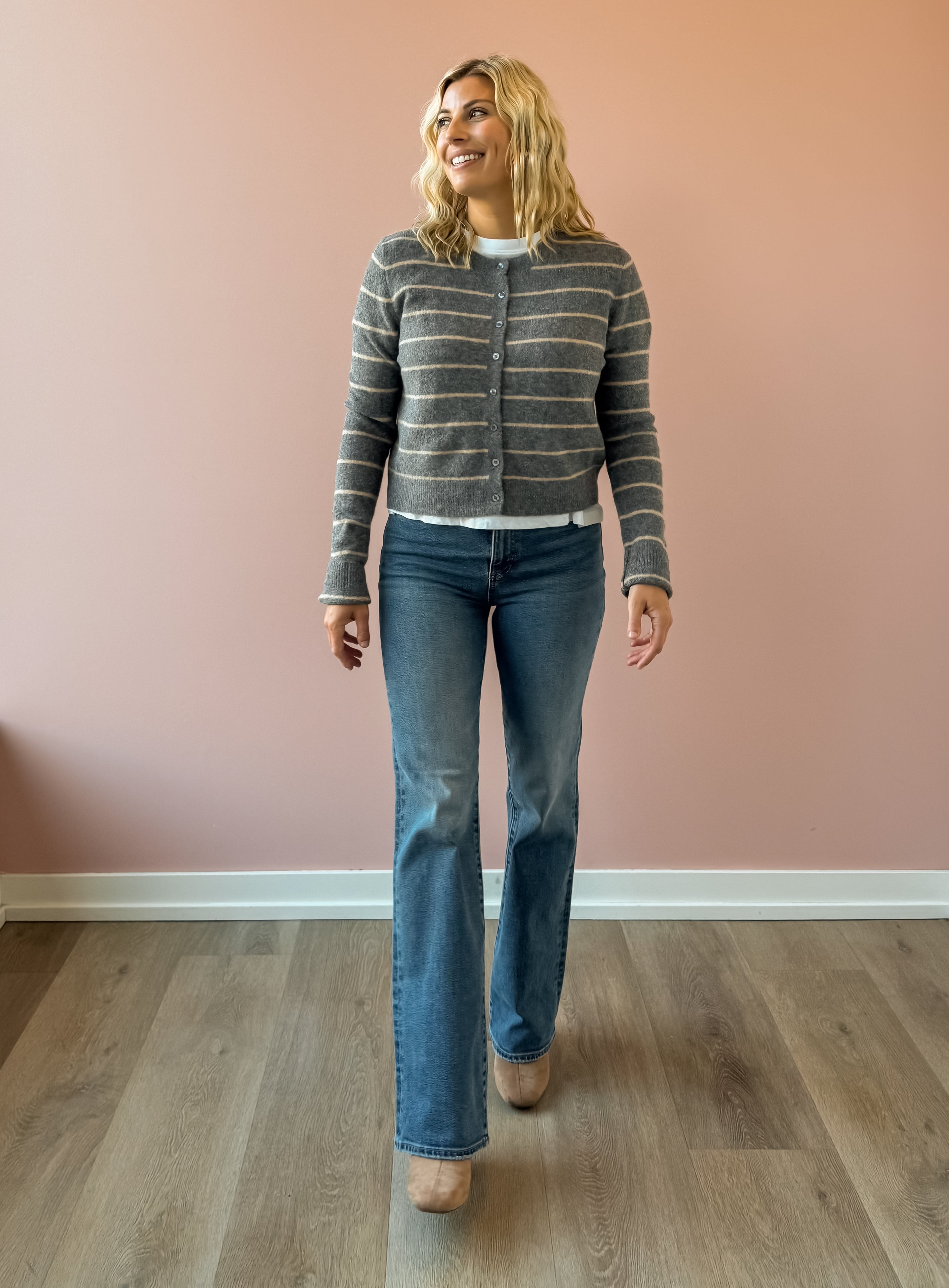 Z Supply Medina Stripe Cardigan in grey with beige stripes, front view.