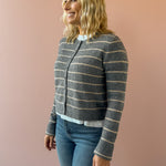 Z Supply Medina Stripe Cardigan in grey with beige stripes, close-up three-quarter view.