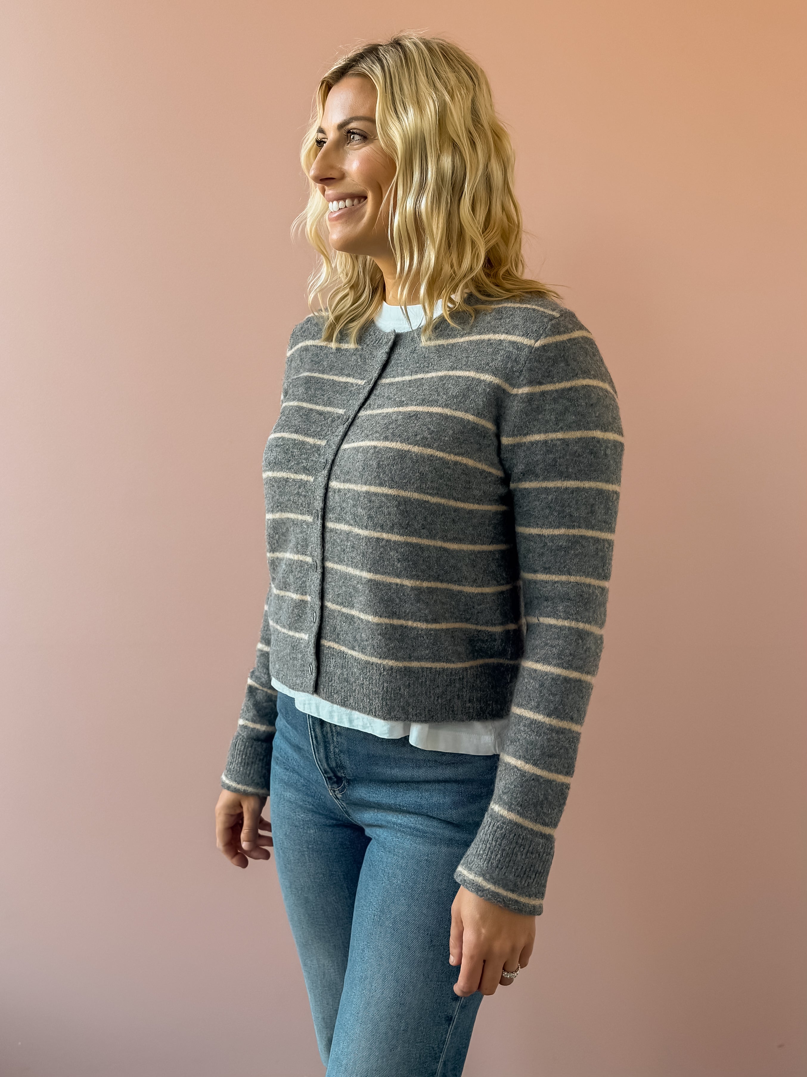 Z Supply Medina Stripe Cardigan in grey with beige stripes, close-up three-quarter view.