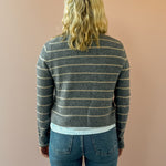 Z Supply Medina Stripe Cardigan in grey with beige stripes, back view.