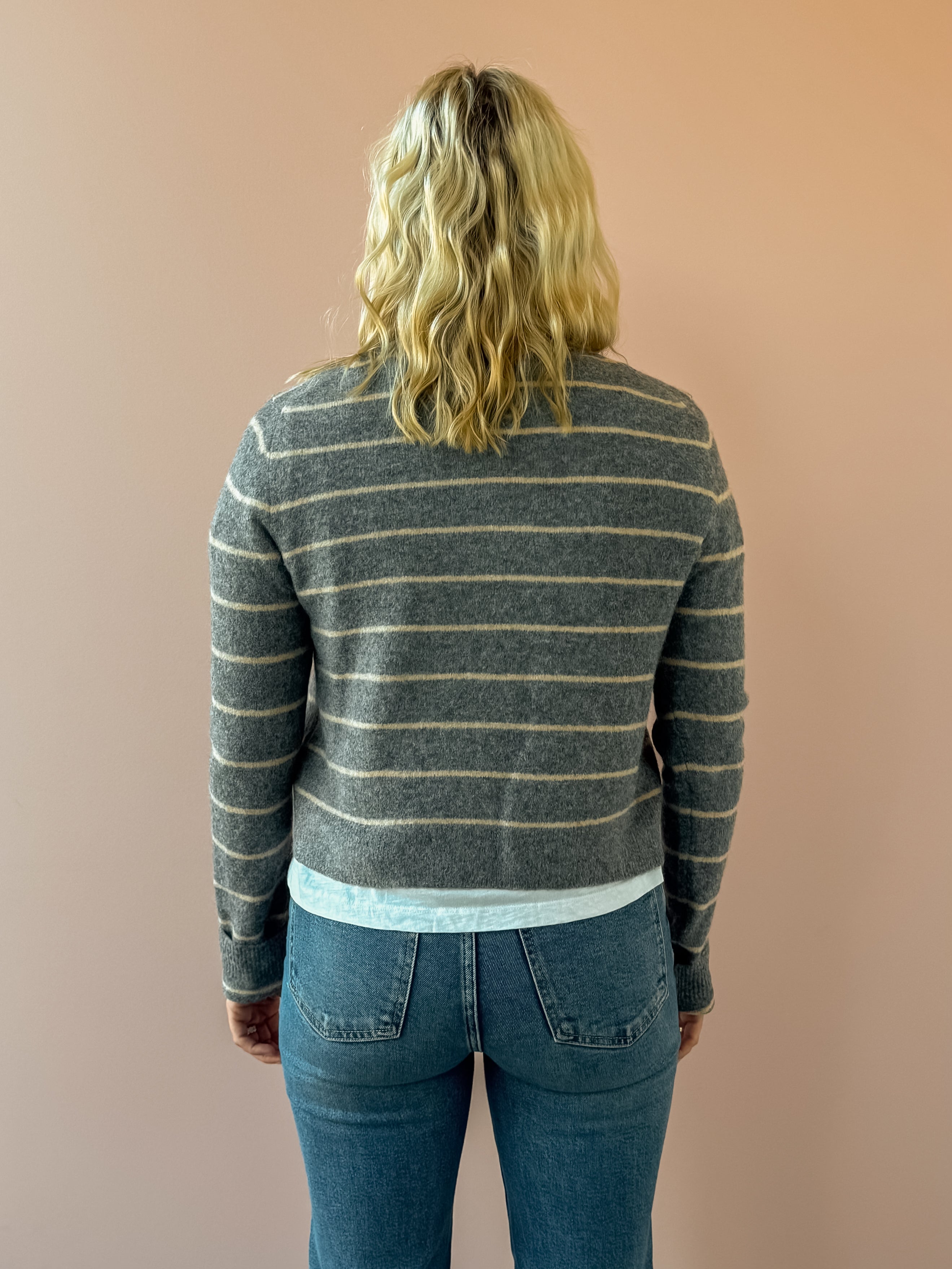 Z Supply Medina Stripe Cardigan in grey with beige stripes, back view.