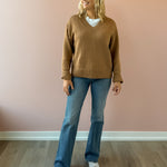 Z Supply Cloud Spun V-neck Sweater in beige, front view.