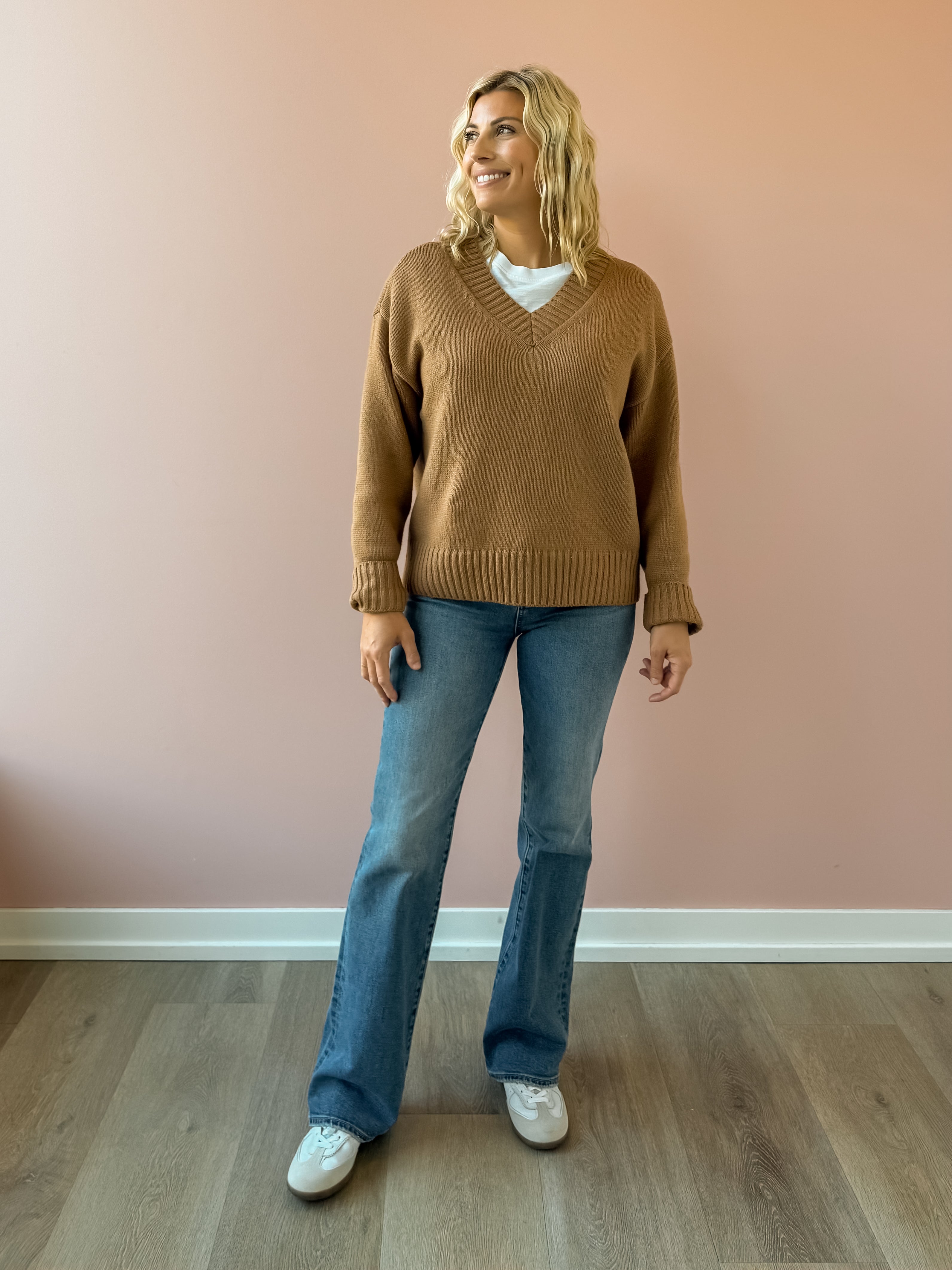 Z Supply Cloud Spun V-neck Sweater in beige, front view.