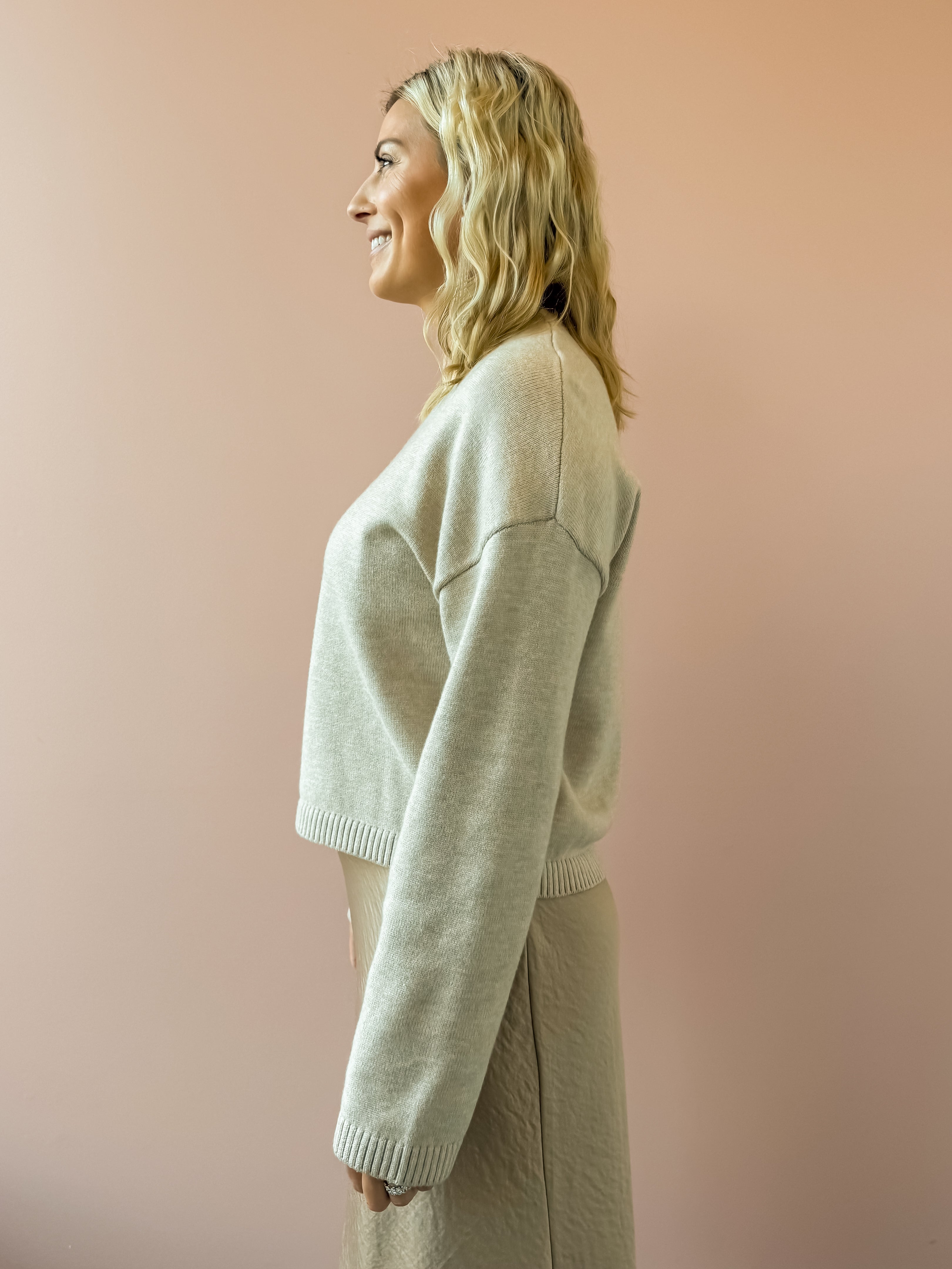 Zoe & Claire Naomi Dress Set in oatmeal, side view.