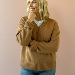 Z Supply Cloud Spun V-neck Sweater in beige, close-up front view.