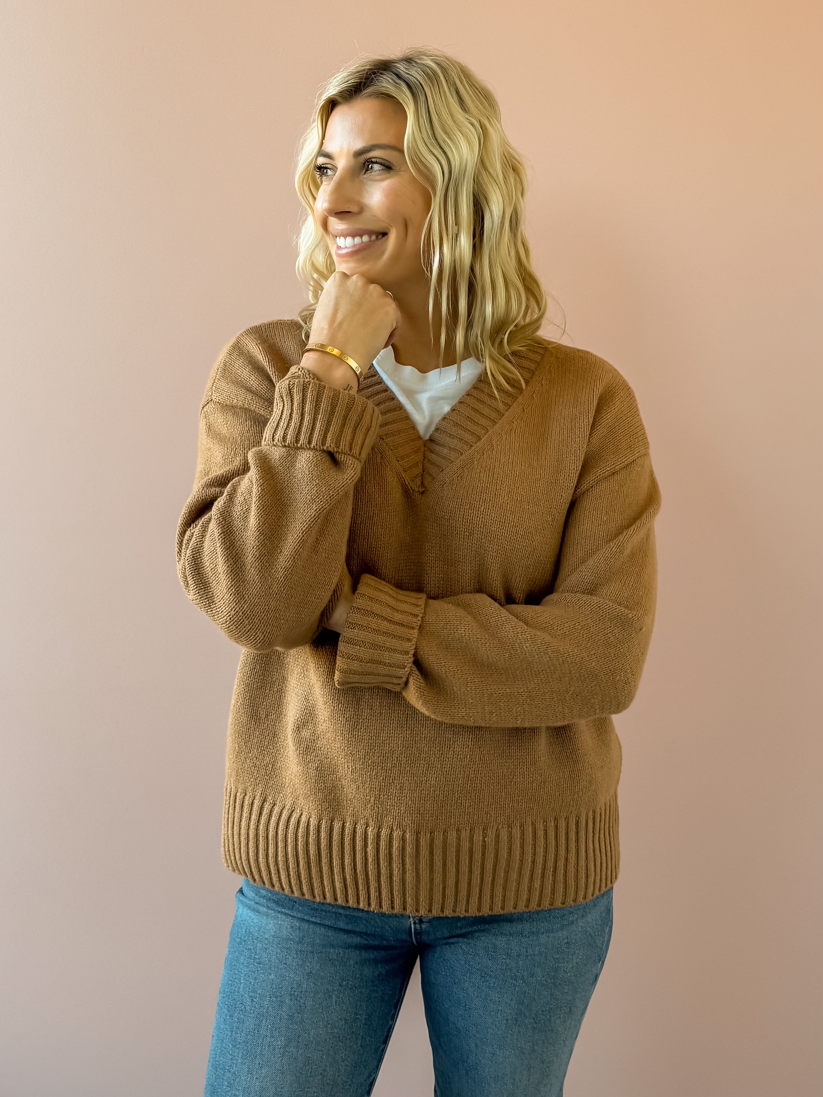 Z Supply Cloud Spun V-neck Sweater in beige, close-up front view.
