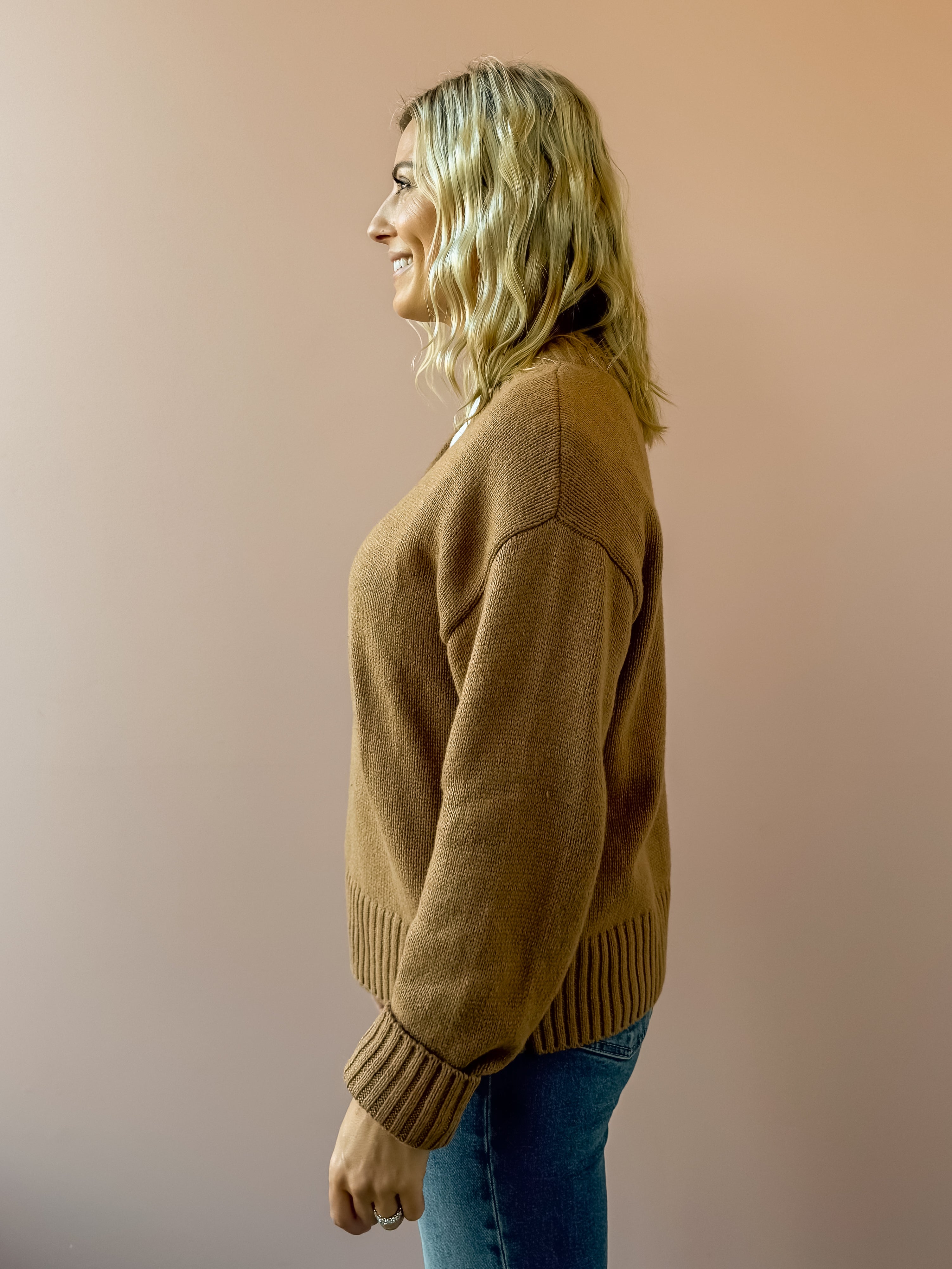 Z Supply Cloud Spun V-neck Sweater in beige, side view.