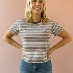 Olivaceous Mila Stripe Baby Tee in brown and white stripe, front view.