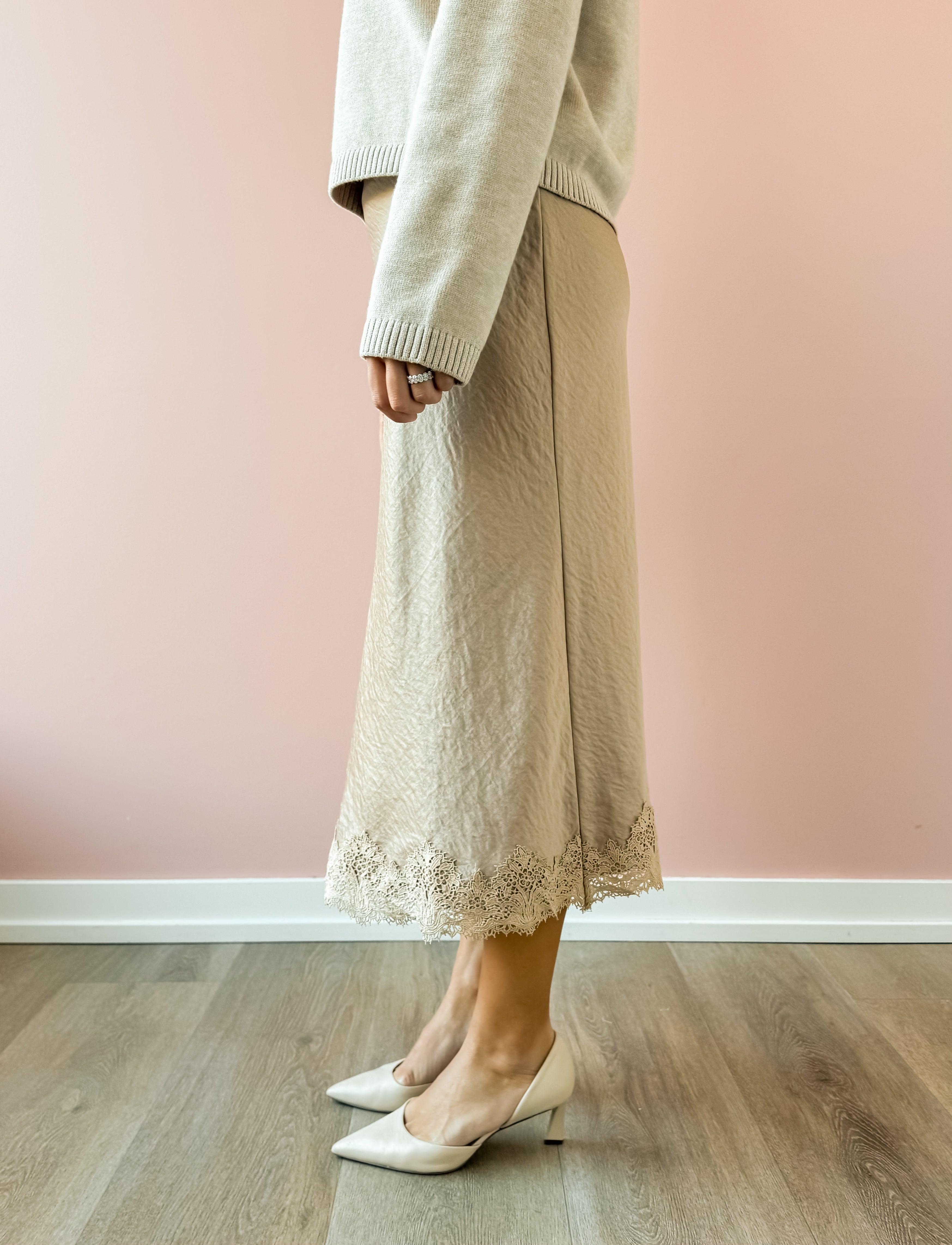 Zoe & Claire Naomi Dress Set in oatmeal, side view, lace hem detail.