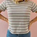 Olivaceous Mila Stripe Baby Tee in brown and white stripe, close-up detail.
