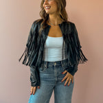 Sage The Label Daredevil Fringe Jacket in black, front close-up.