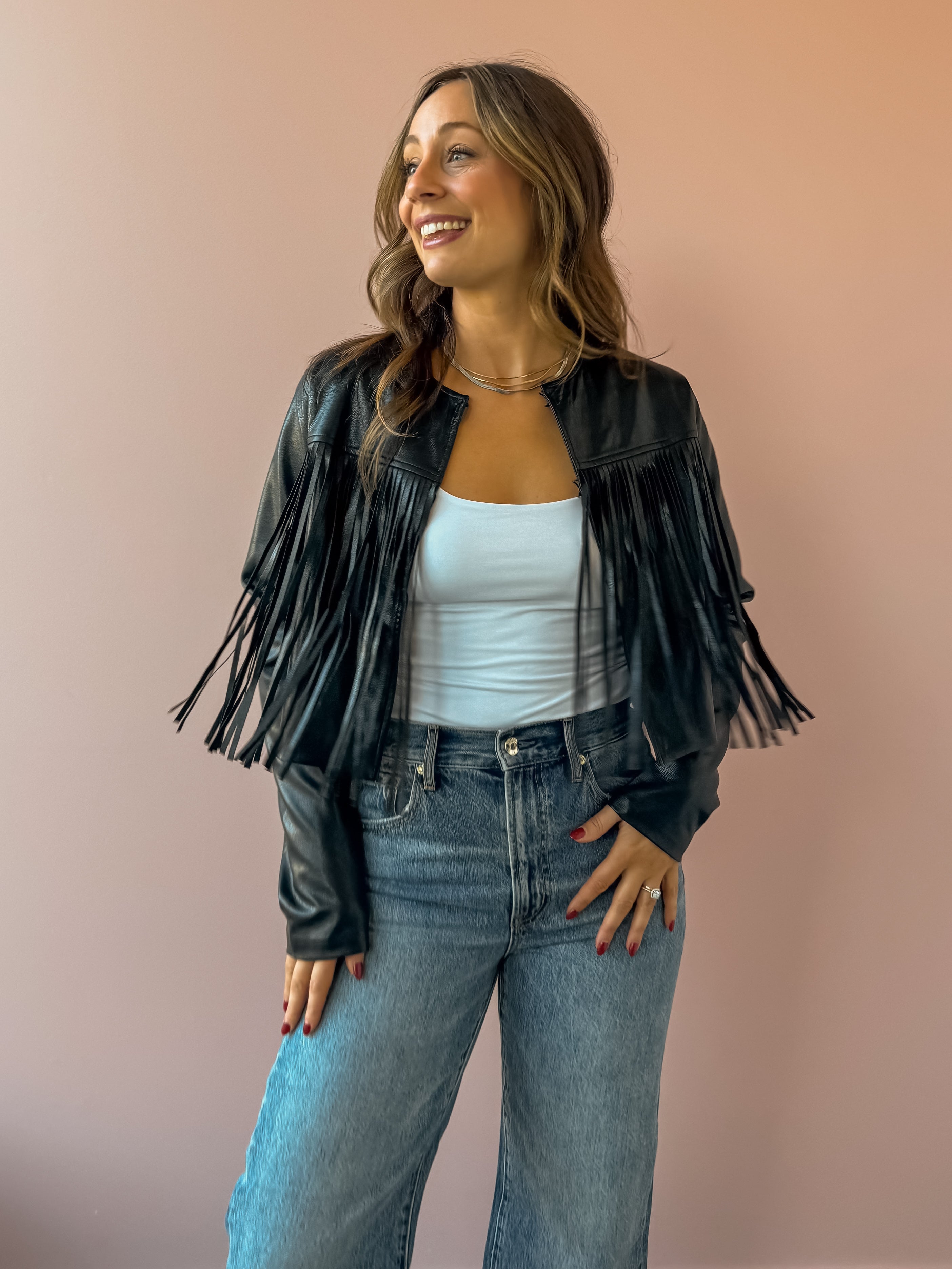 Sage The Label Daredevil Fringe Jacket in black, front close-up.
