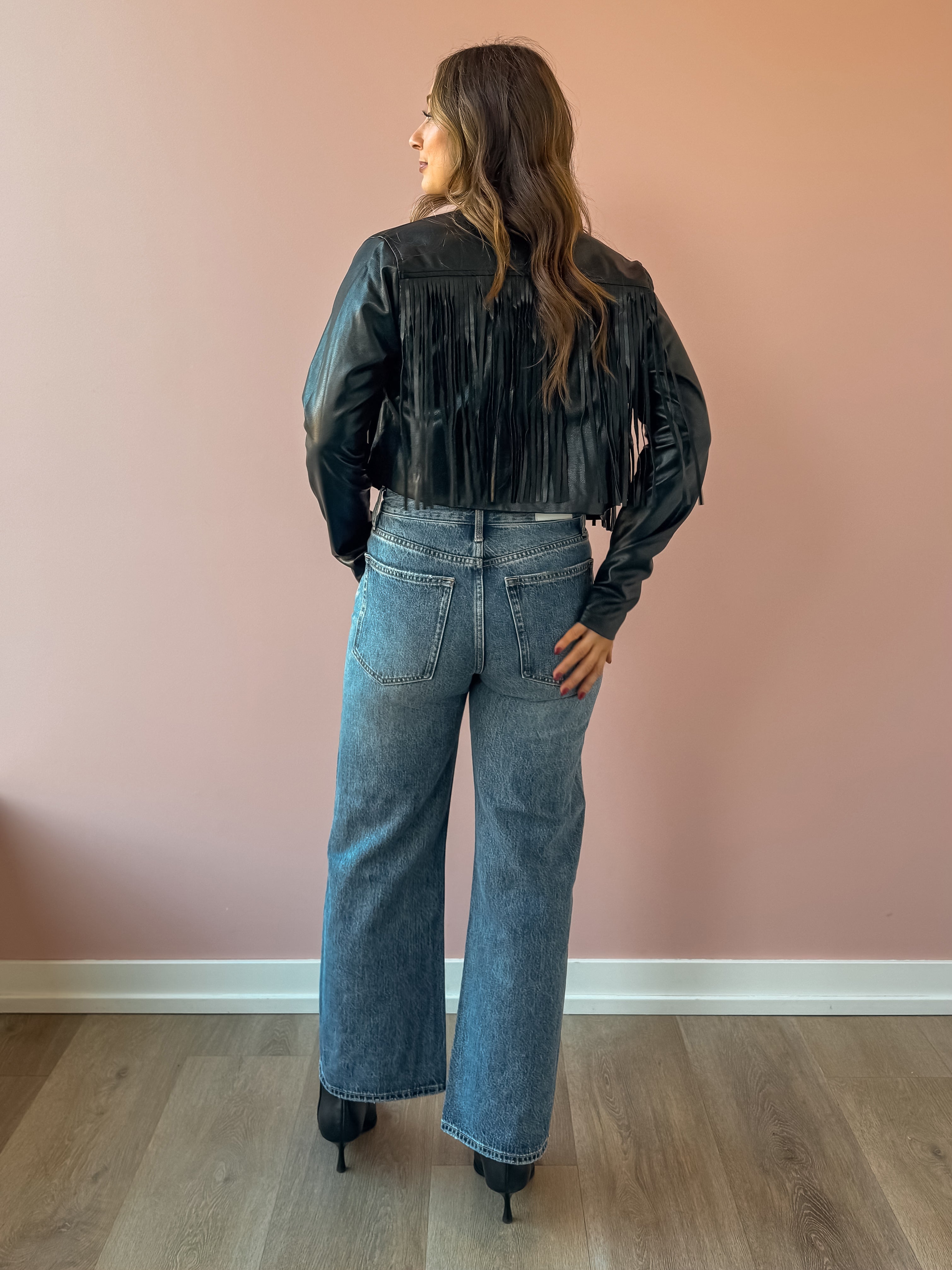 Sage The Label Daredevil Fringe Jacket in black, back view.