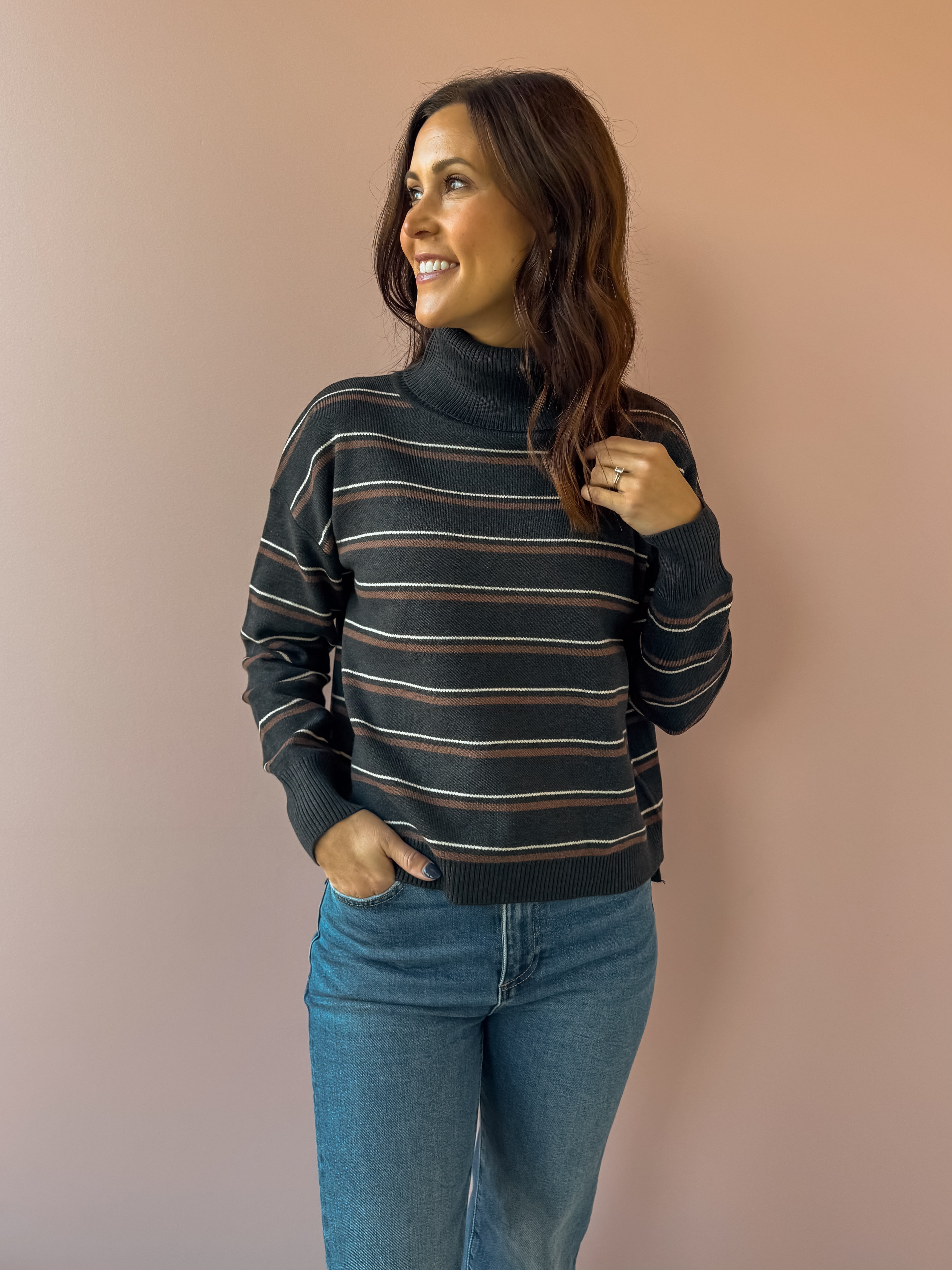 Be Cool Shelly Mockneck Sweater in black stripe, front close-up.
